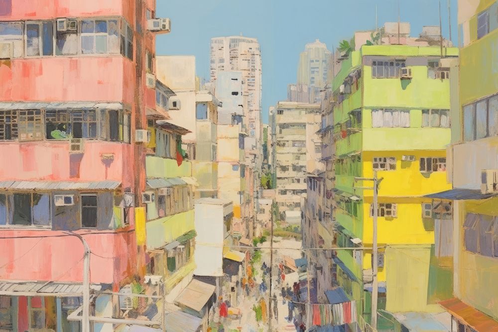 Oil painting illustration of a hong kong architecture neighborhood cityscape.