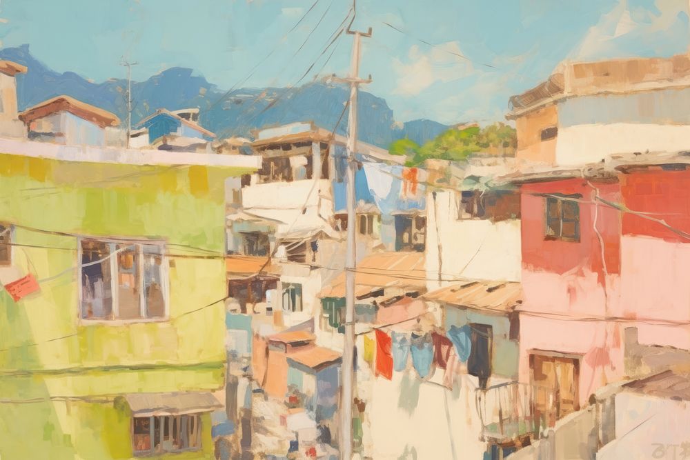 Oil painting illustration of a hong kong neighborhood slum art.