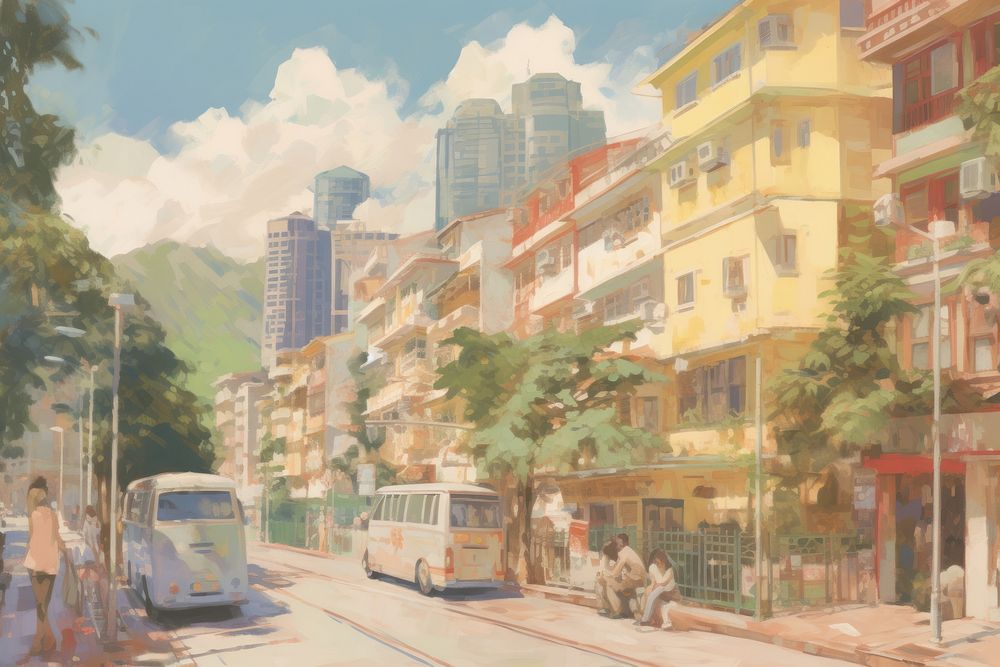 Oil painting illustration of a hong kong transportation neighborhood accessories.