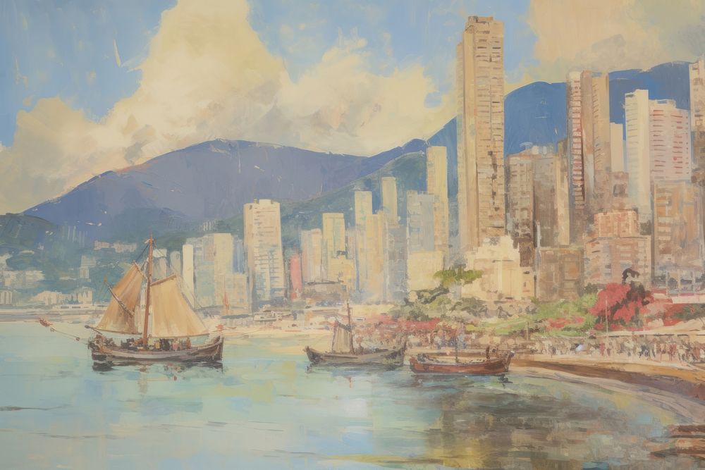 Oil painting illustration of a hong kong transportation sailboat vehicle.