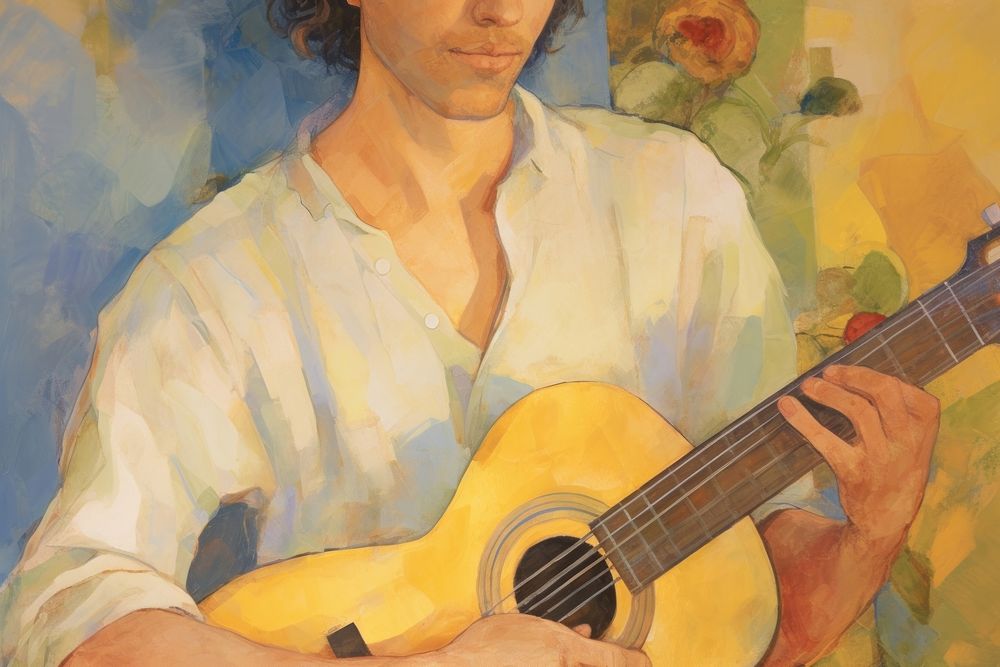 Oil painting illustration of a person holding guitar recreation guitarist performer.