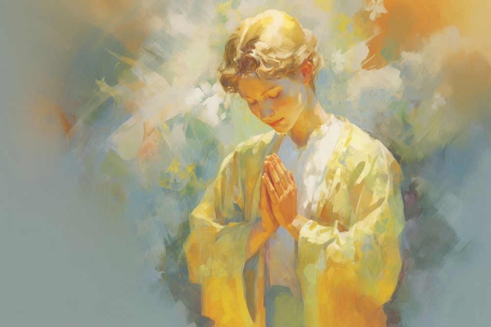 Oil painting illustration of a person praying photography clothing portrait.
