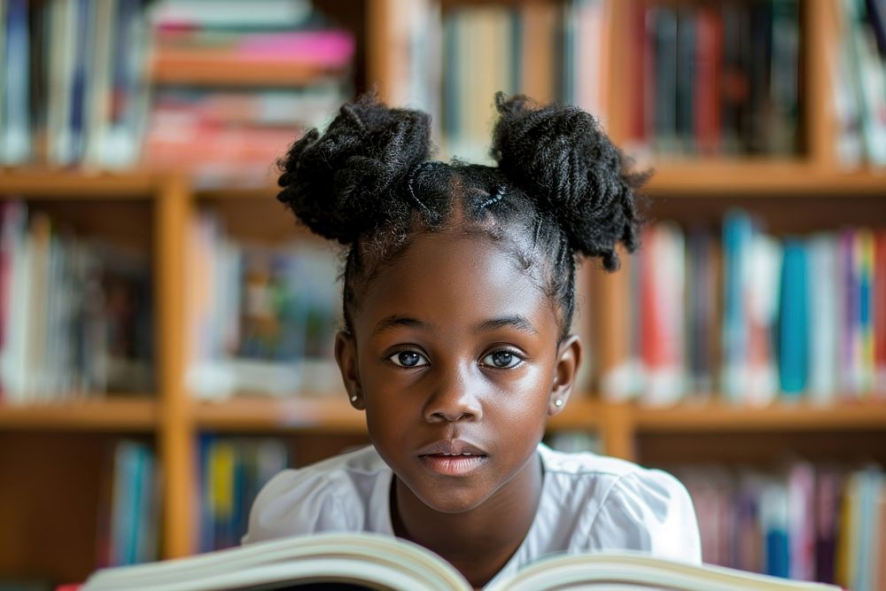 Black girl Students portrait reading library.