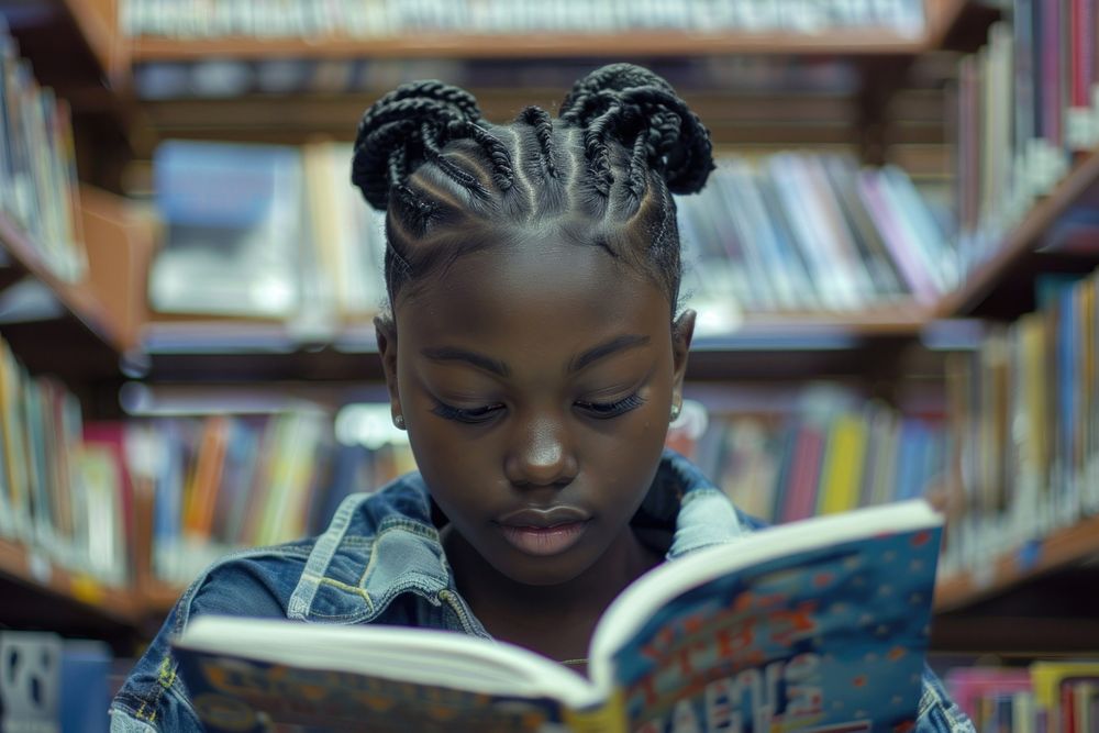 Black girl Students reading library book.