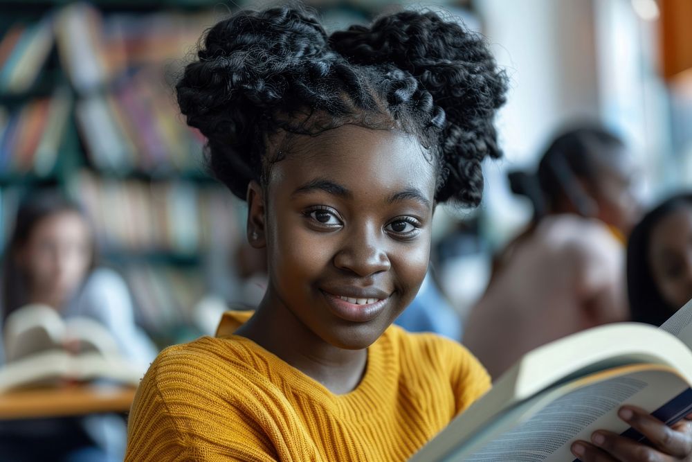 Black girl Students reading book publication.