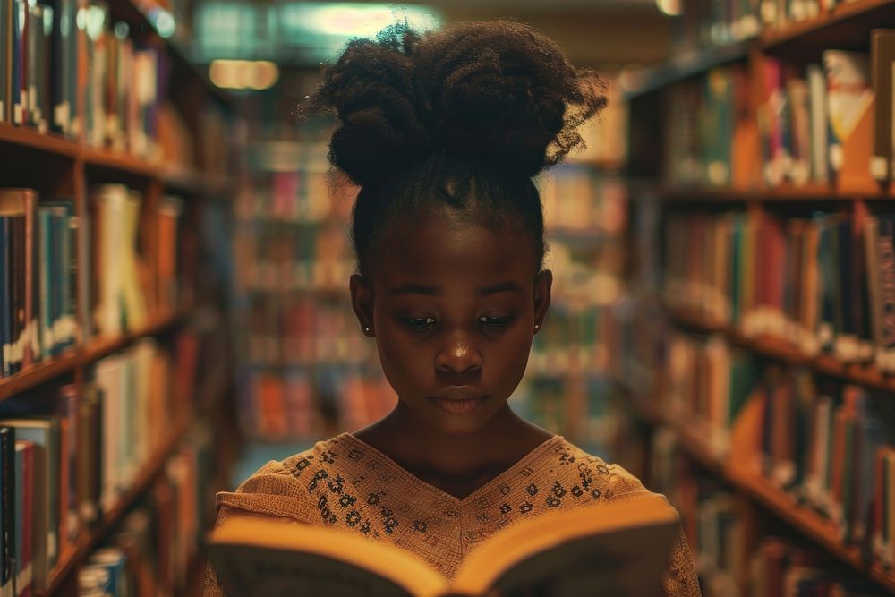 Black girl Students library reading book.