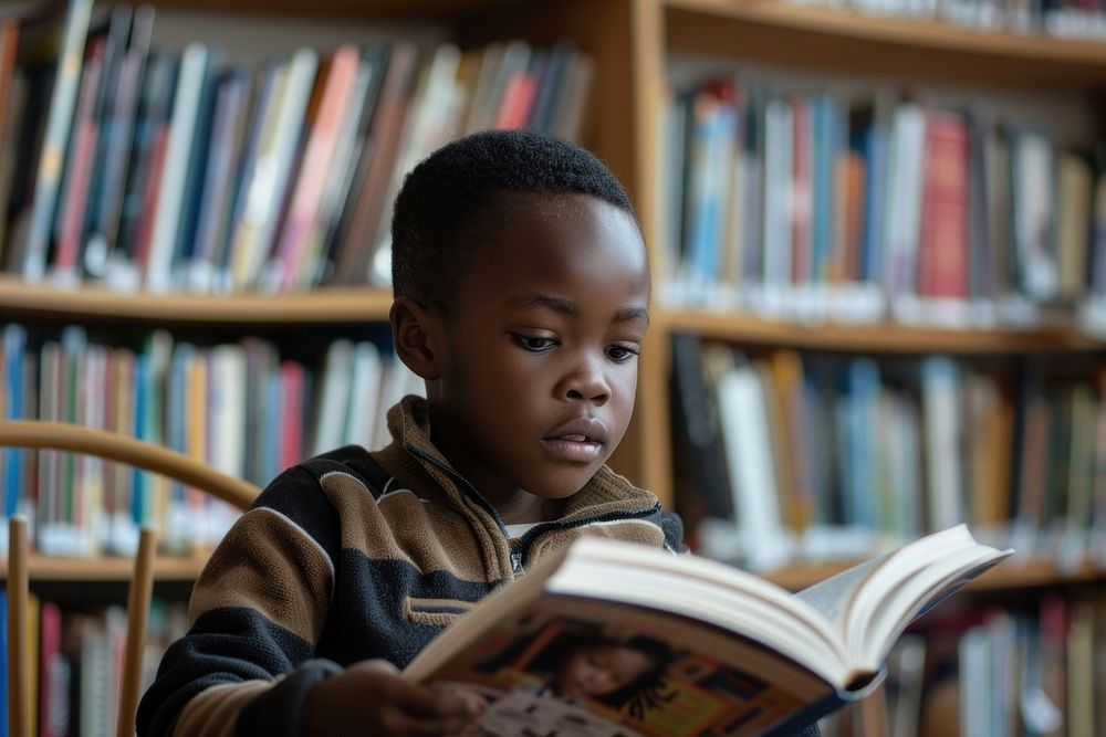 Black little boy Students reading library book.