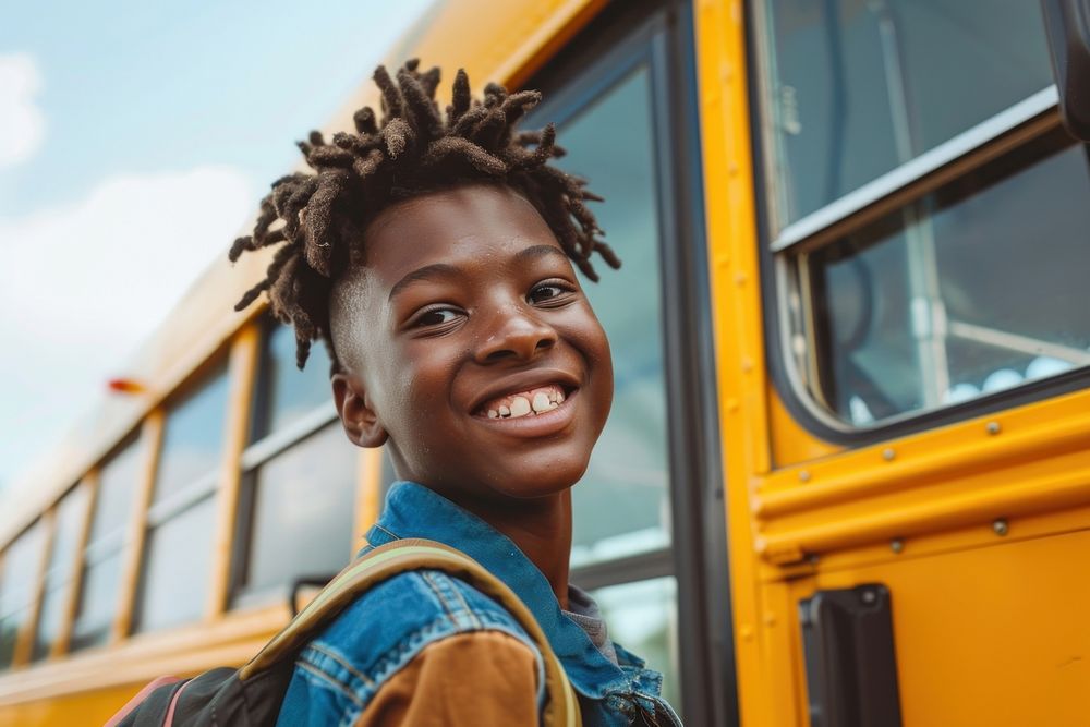 Black boy Students happy bus transportation.