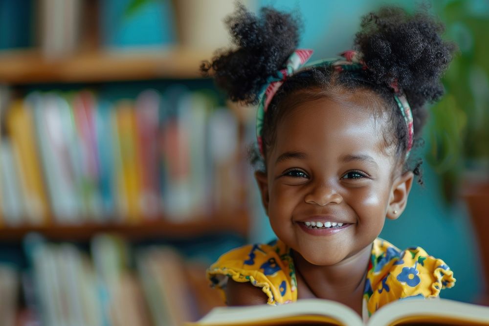 Happy Black little girl Students portrait reading library.