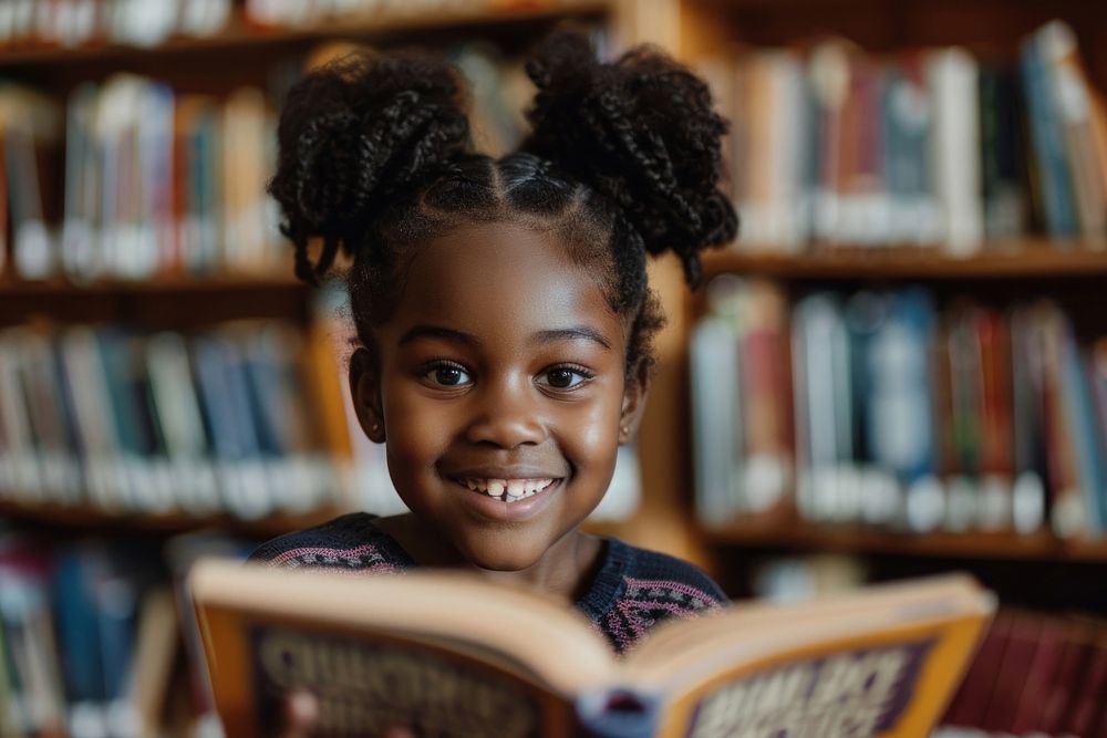 Happy Black little girl Students reading library student.