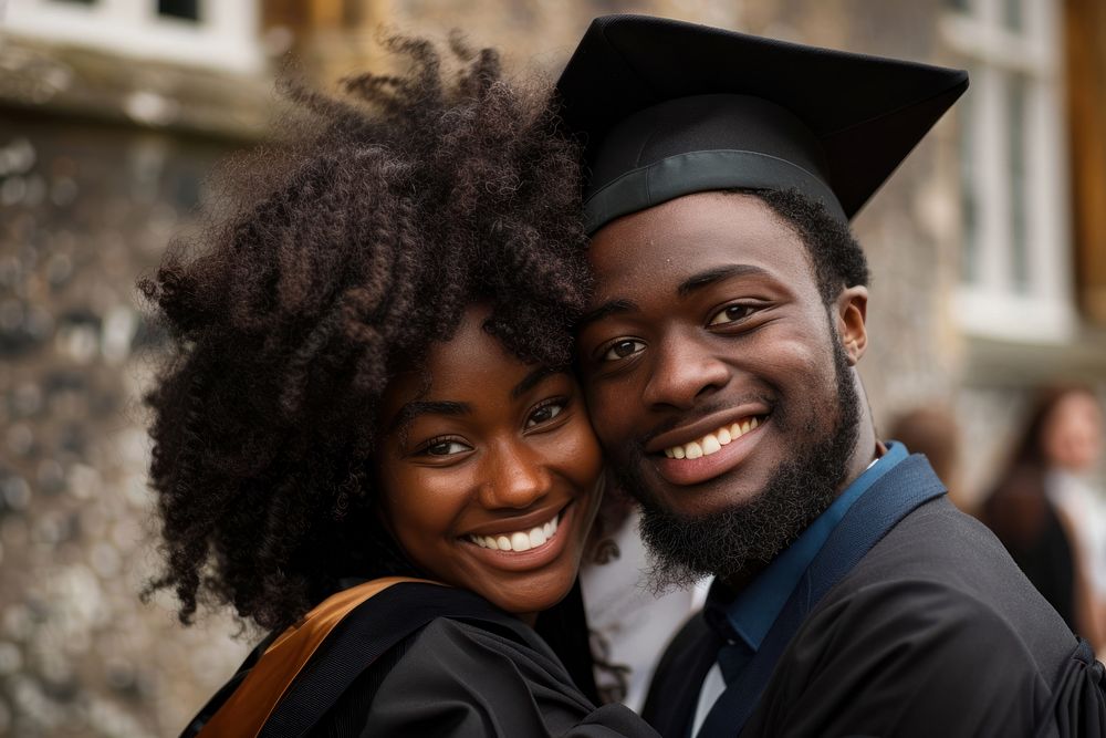 Black students and graduates hug portrait happy photo.