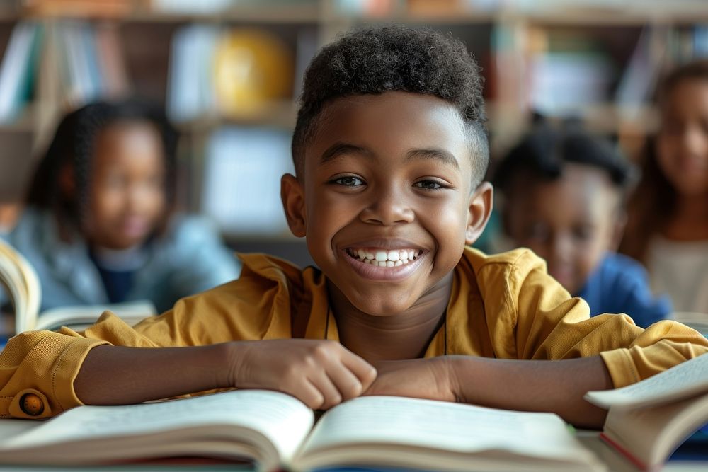 Happy little Black boy Students reading student book.