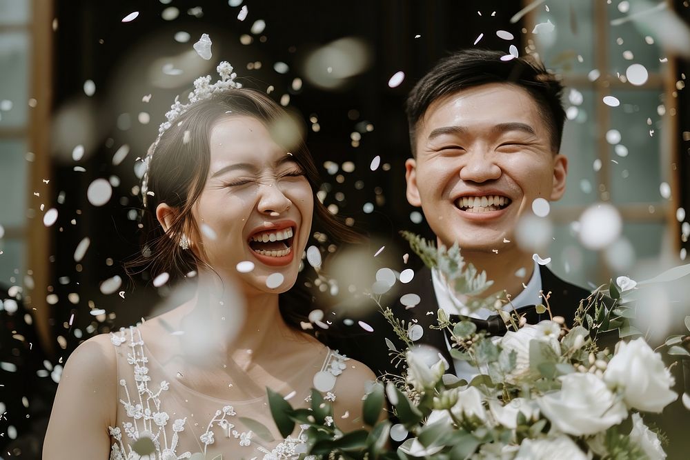 Southeast Asian couple wedding ceremony happy bridegroom laughing.