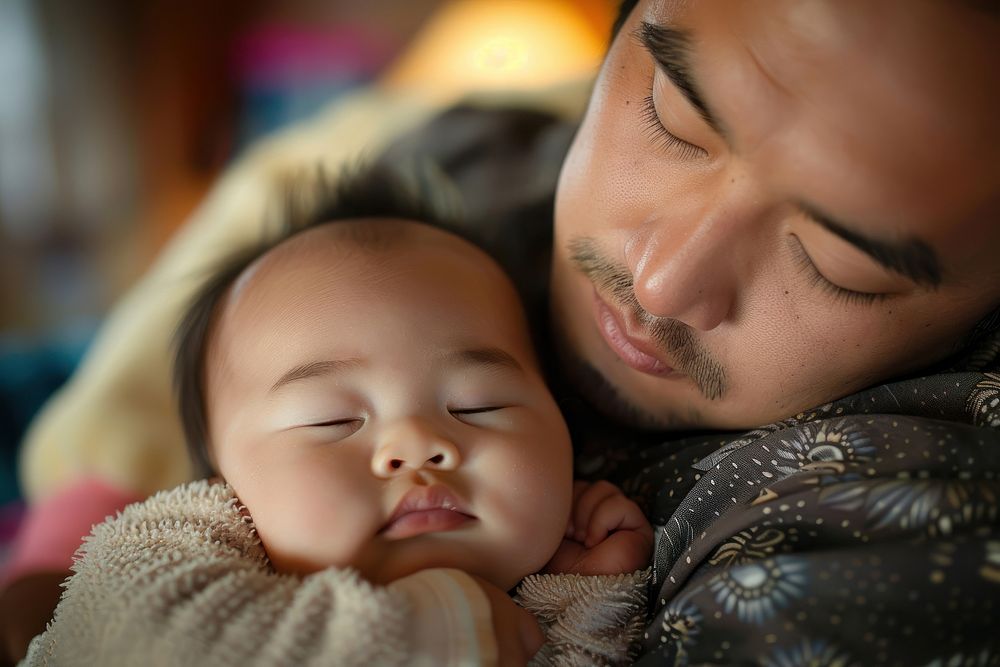 Baby sleeping with father photo photography portrait.