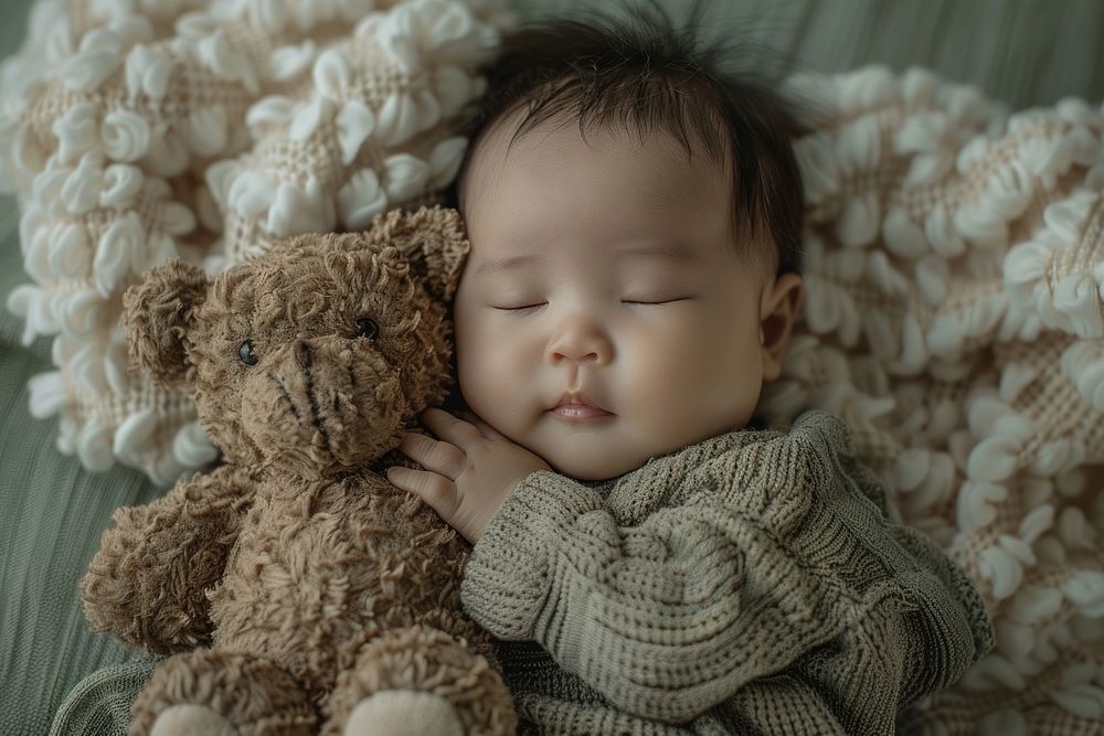 Baby sleeping photo photography teddy bear.