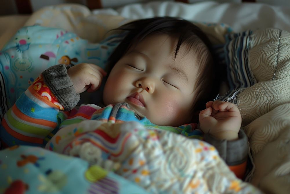 Baby sleeping in Crib photo photography furniture.
