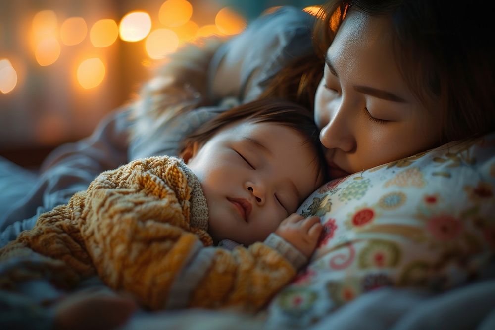 Baby sleeping near mother romantic blanket person.