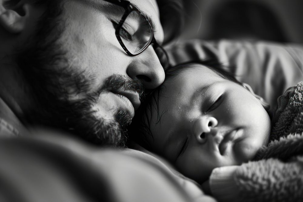 Baby sleeping with father photo photography accessories.