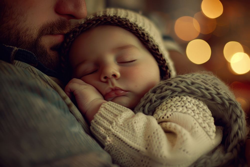 Baby sleeping with father photo photography clothing.