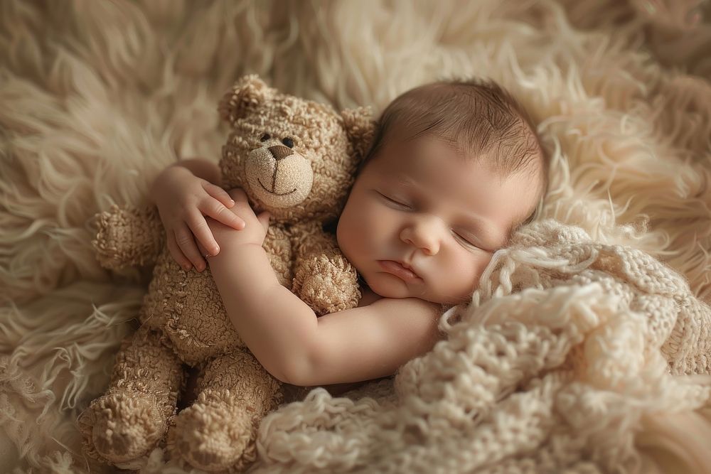 Baby sleeping teddy bear blanket person.