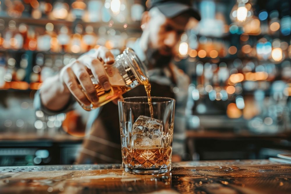Barman creating whisky on bar medication cooking person.