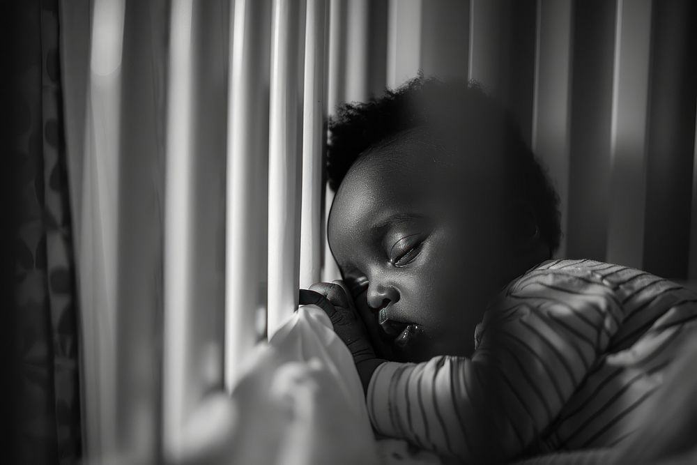 Baby sleeping in Crib photo photography portrait.