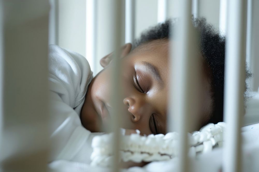 Baby sleeping in Crib crib furniture person.