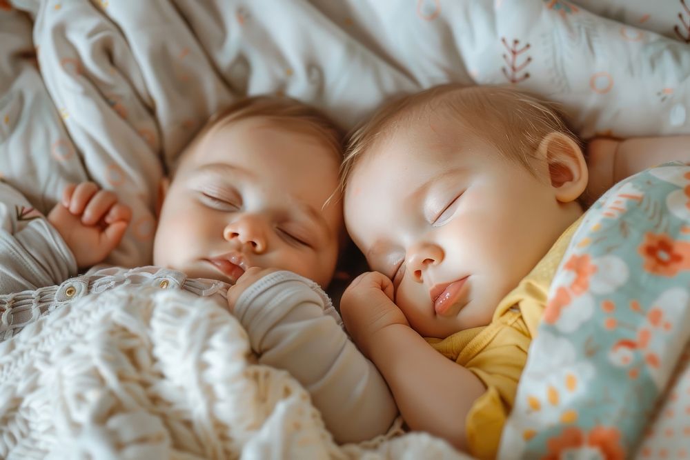 Babies sleeping together furniture blanket person.