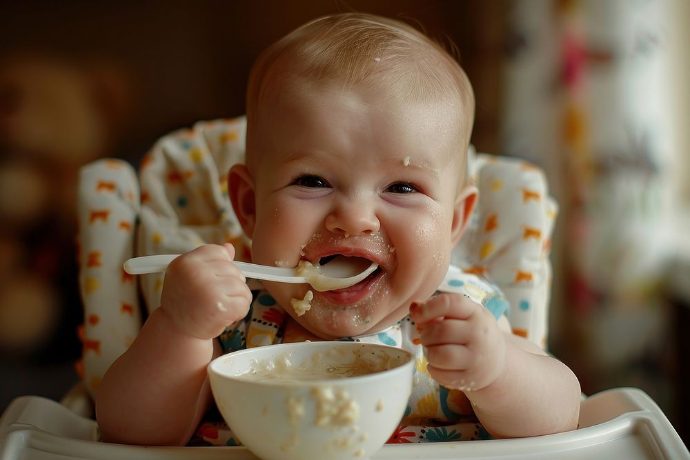 Baby self feeding cutlery person eating.