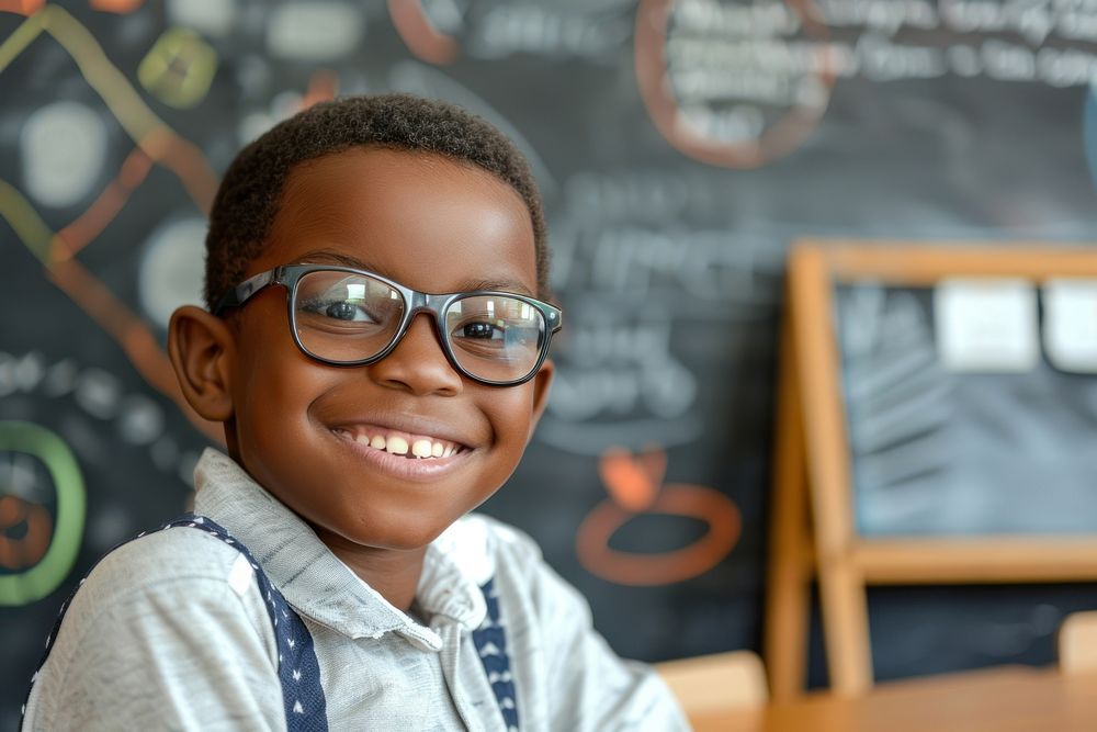 Happy black boy student in classroom happy photo accessories.