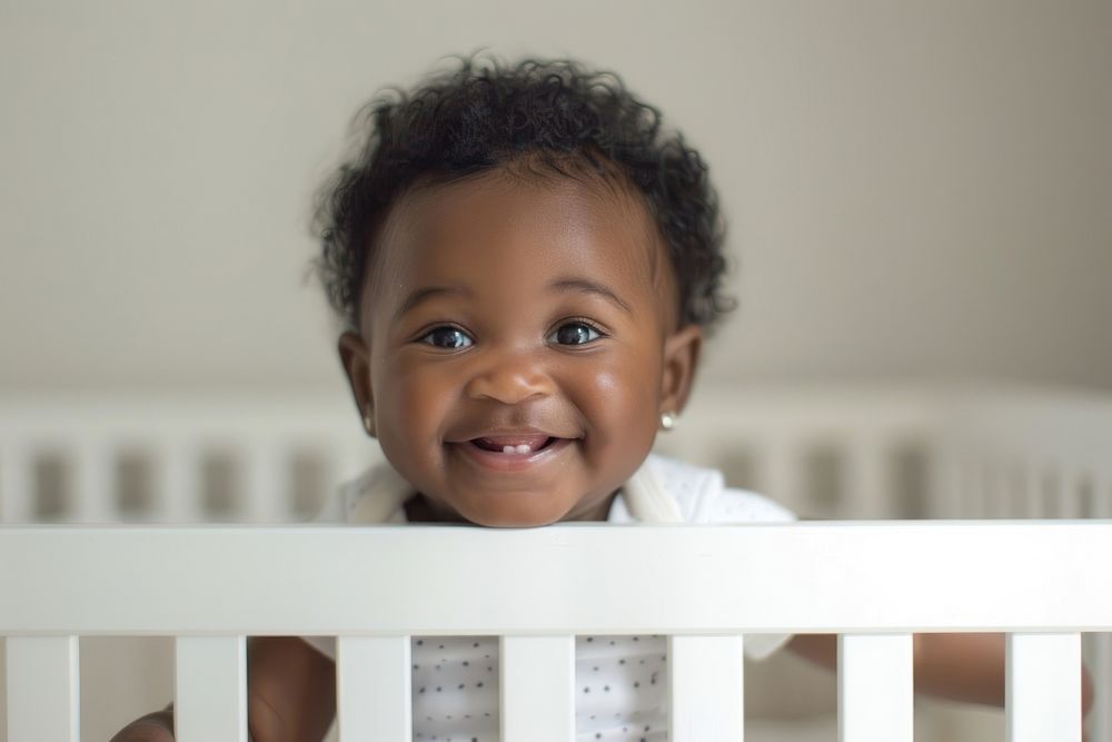 Baby Standing in the Crib happy photo crib.