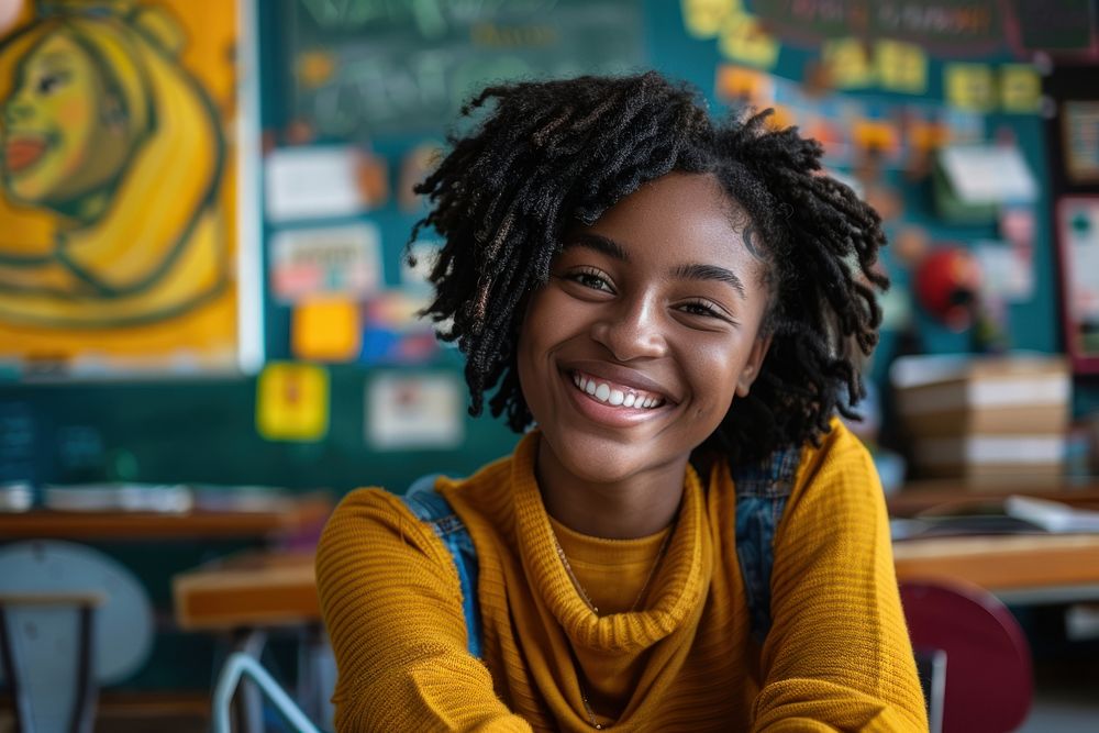 Happy black girl student in classroom happy furniture person.