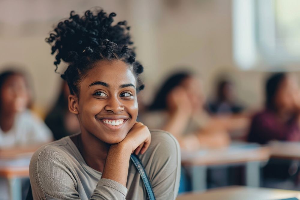 Happy black girl student in classroom happy person female.