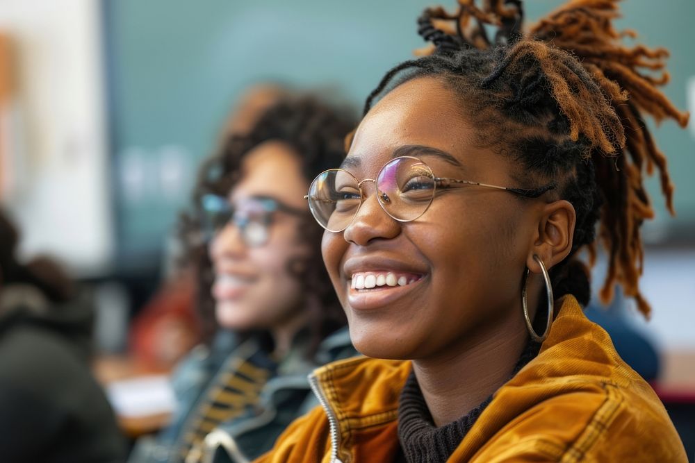Happy Black lesbian Students in classroom accessories accessory glasses.