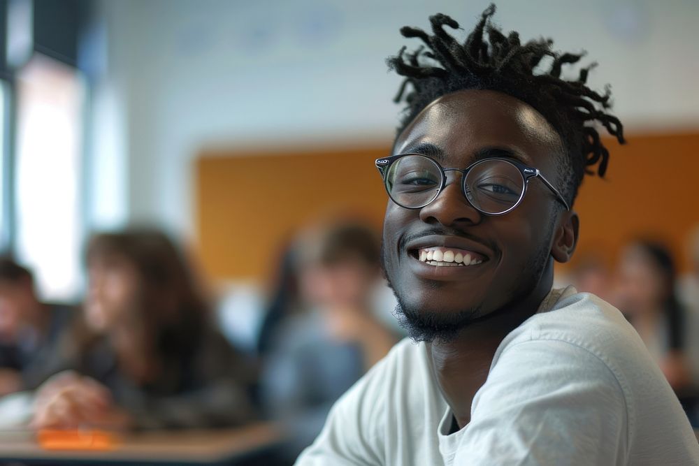 Happy black student in classroom happy photo accessories.