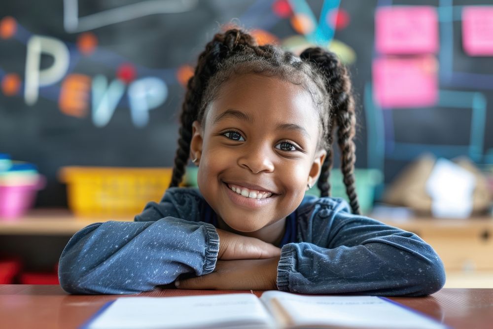 Little black girl Happy student in classroom happy clothing apparel.