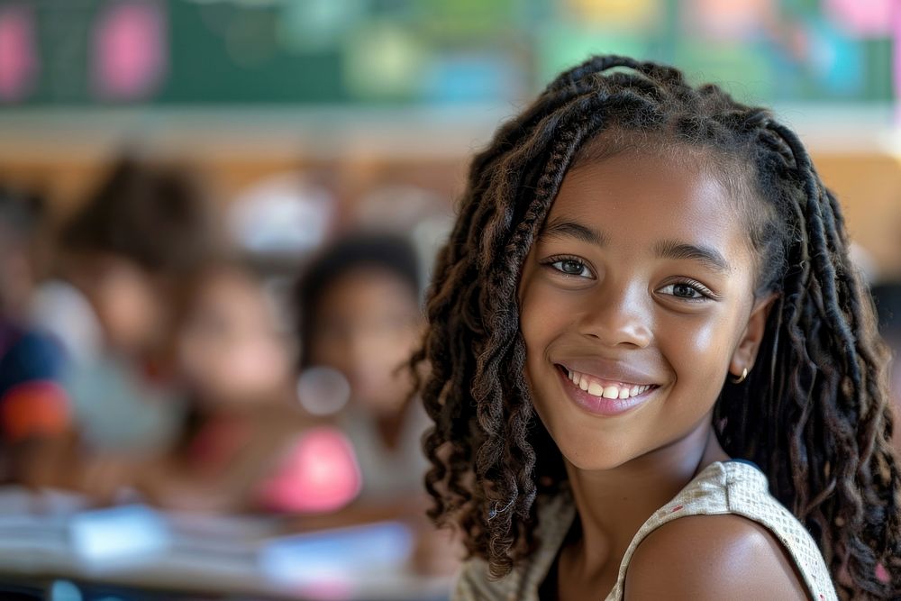 Young student black girl in classroom person female happy.