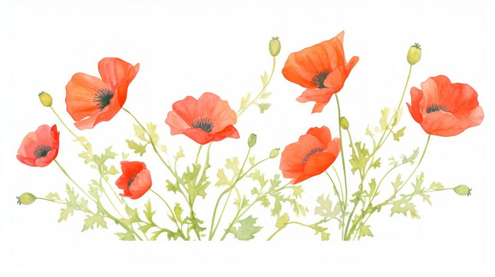 Poppy bouquet as divider watercolor blossom flower plant.