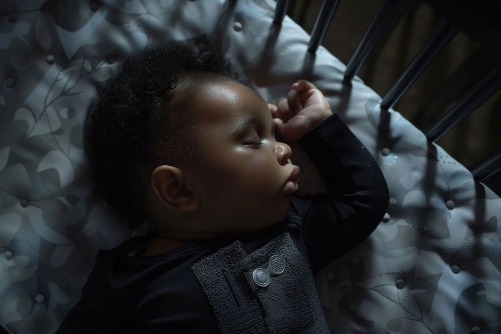 Baby sleeping in Crib crib furniture person.