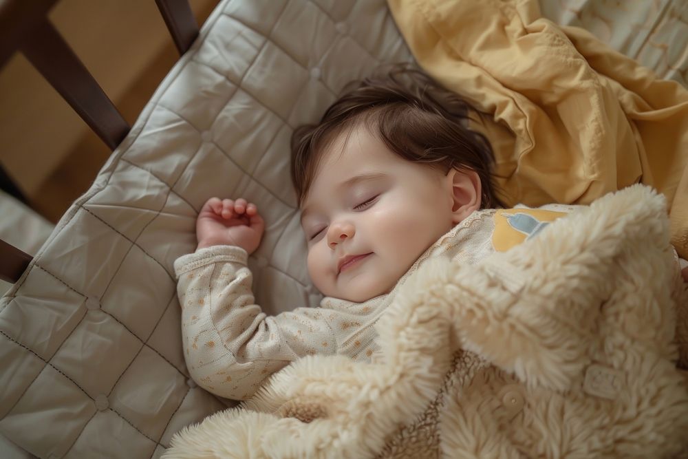 Baby sleeping in Crib crib furniture blanket.