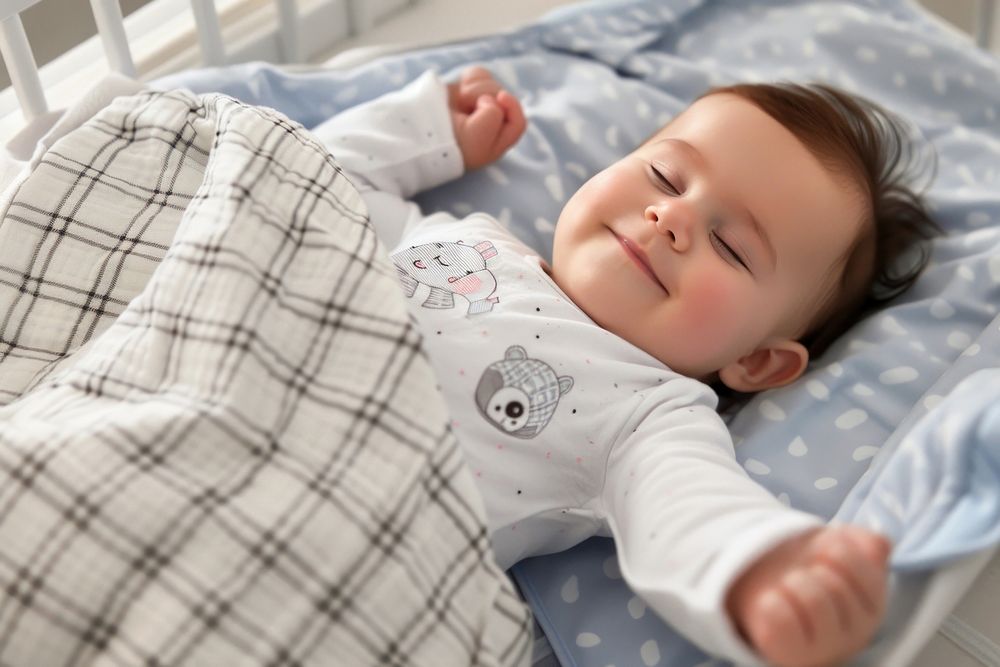 Baby sleeping in Crib blanket person human.