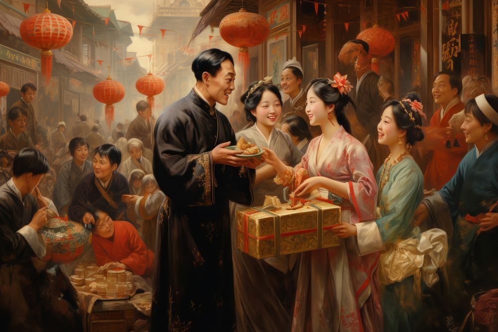 Chinese new year festival in city painting art man.
