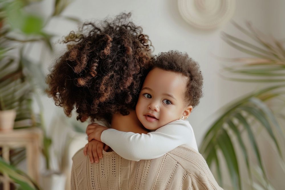 Caring biracial mother hold lean to chest cute little infant toddler hugging person female.