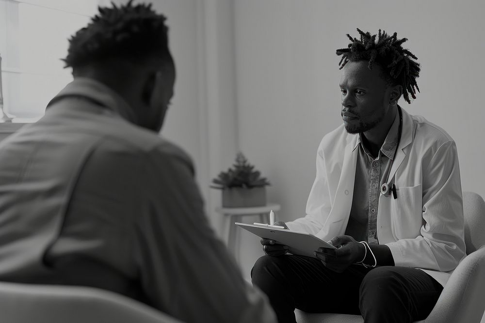Black people Male patient having consultation with psychiatrist male conversation publication.