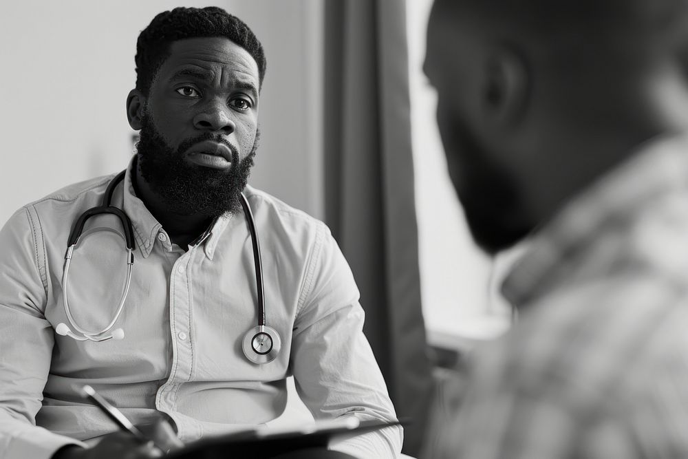 Black people Male patient having consultation with psychiatrist male person adult.