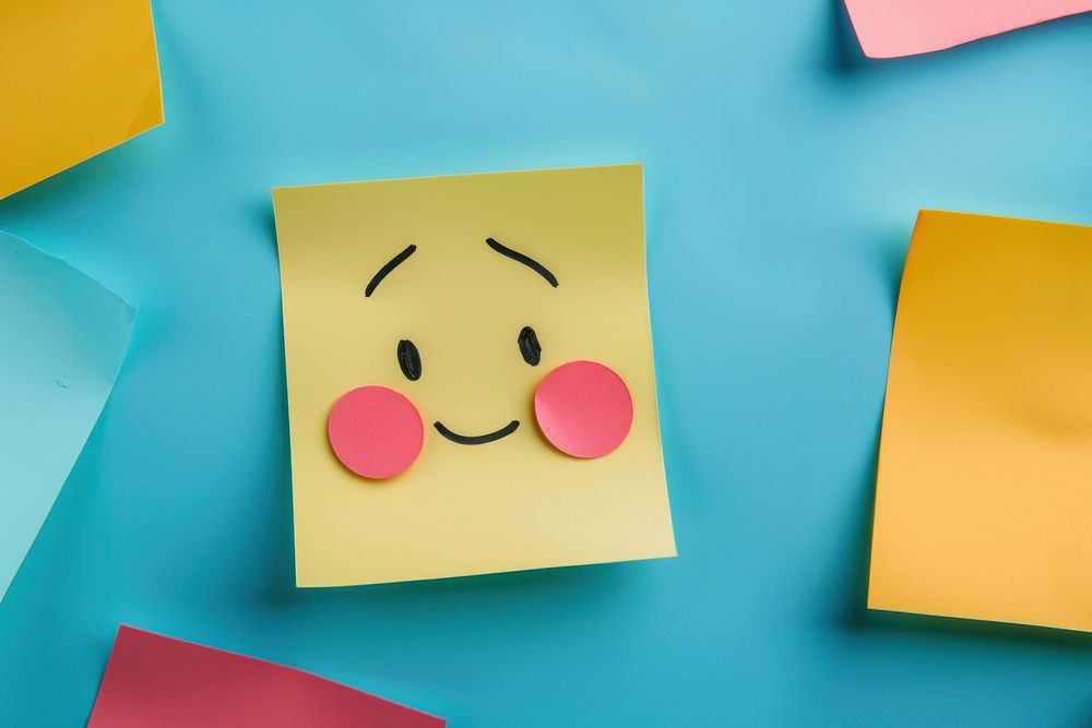 Sticky Notes on Board with Handwriting Cartoon Emoticon Face envelope symbol number.
