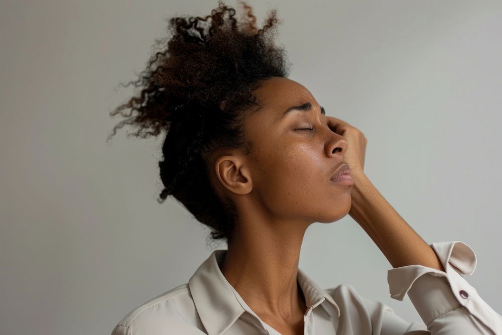 Tired black people woman employee suffer from headache person female human.