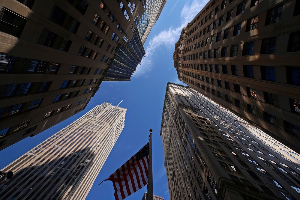 American flag and Modern buildings architecture landmark urban.