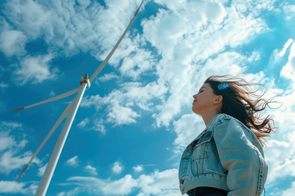 Woman with hand in pocket looking at wind turbin woman outdoors windmill.
