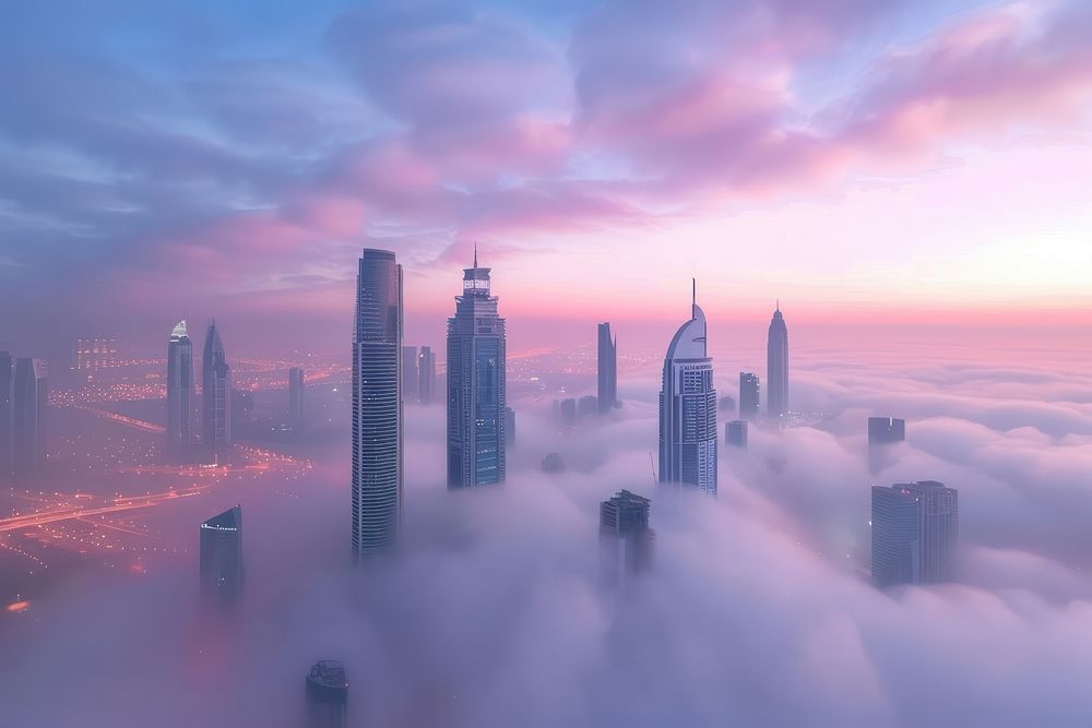 Downtown Dubai with skyscrapers building fog architecture.